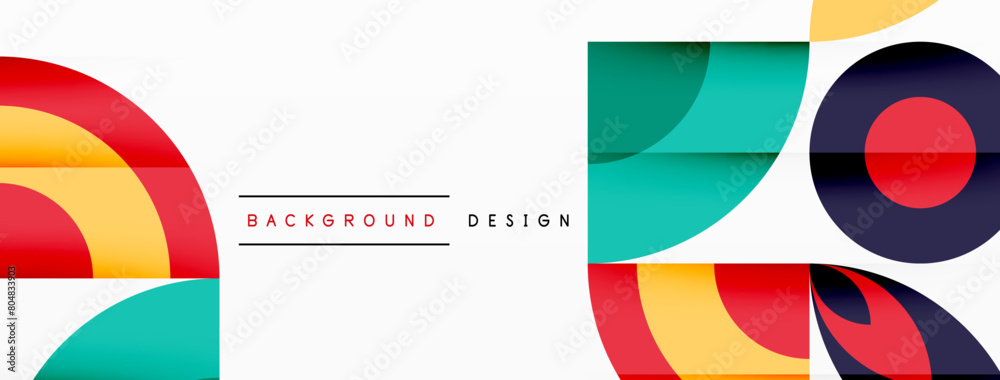A colorful geometric design featuring a rainbow and circles on a white background. The design includes rectangles, patterns, electric blue, magenta, and a facade like a flag with flooring art A colorful geometric design featuring a rainbow and circles on a white background. The design includes rectangles, patterns, electric blue, magenta, and a facade like a flag with flooring art
