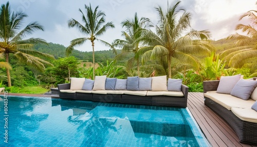 pool in resort, terrace with sofas and sun loungers by the pool. Villa in Bali, Villa in Hawaii, Villa in Thailand © Beste stock