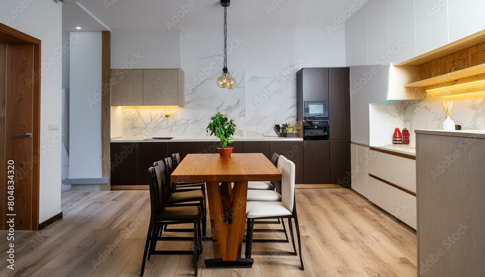 modern modern kitchen with a wooden dining table, in the style of contrasting light and dark tones, marble