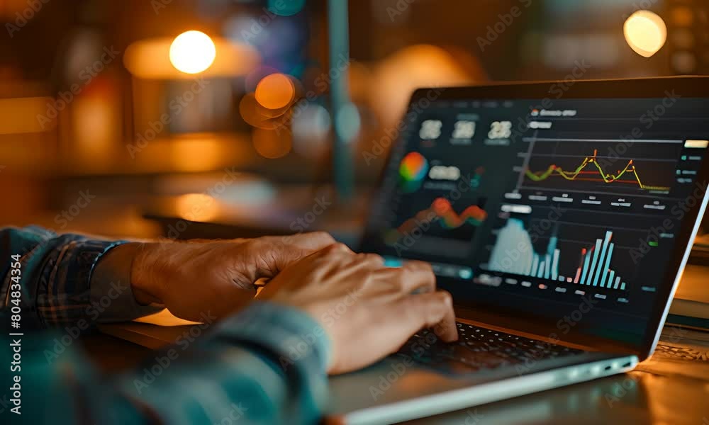 Businessman using laptop with digital marketing data on screen. Businessman using laptop with digital marketing data on screen.