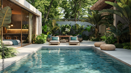 3D render of a modern pool area with a garden © PUKPIK