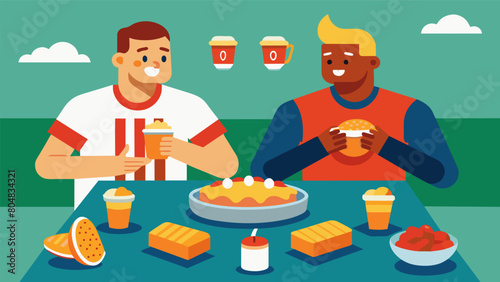 In between rounds players take a break to enjoy some traditional American snacks such as apple pie and hot dogs.. Vector illustration