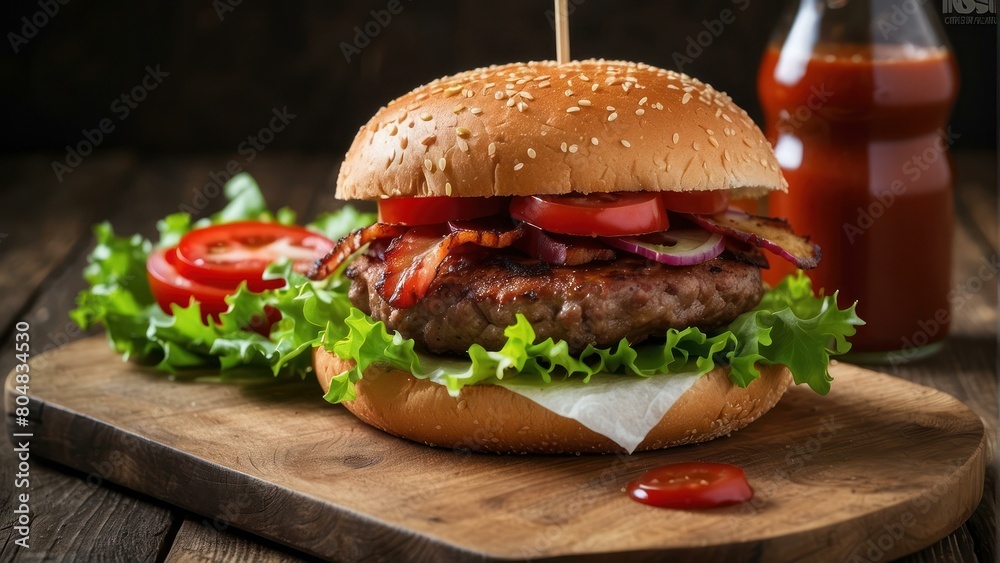 Cheeseburger with fries and ketchup on a wooden board Cheeseburger with fries and ketchup on a wooden board