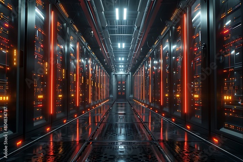 Storage facility with rows of sleek futuristic data servers