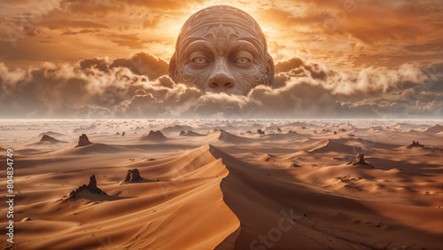 Fantasy desert dunes landscape with a gigantic stone statue head of a mythical earth elemental demi god appearing from the clouds on the horizon. photo