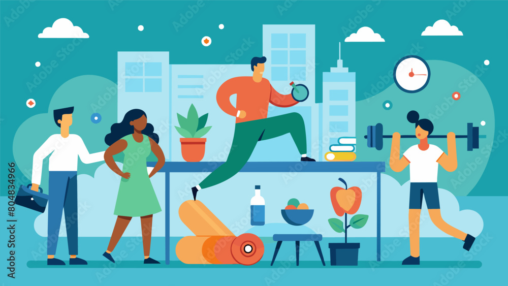 A health and wellness fair held at the office providing resources for employees to learn about different workout options and healthy habits.. Vector illustration