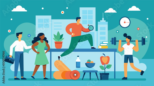 A health and wellness fair held at the office providing resources for employees to learn about different workout options and healthy habits.. Vector illustration