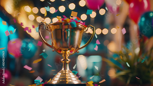 A gleaming gold winners trophy cup takes center stage, surrounded by a festive explosion of colorful celebration confetti and sparkling glitter,