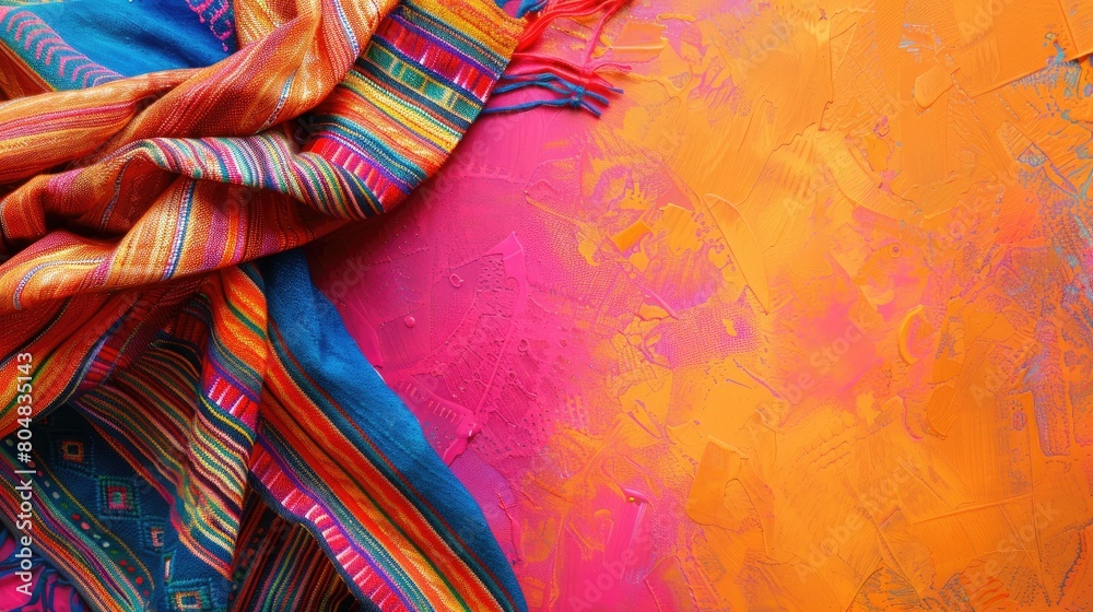Vibrant Mexican rebozo set against a colorful backdrop with plenty of copy space