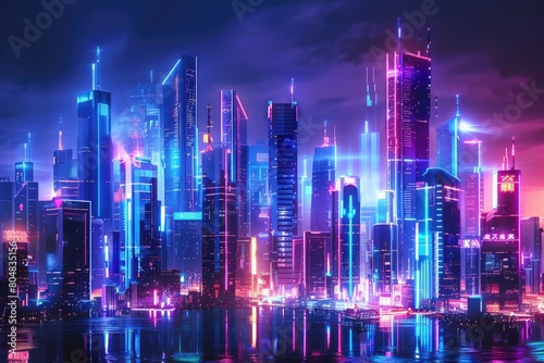 Night city with glowing skyscrapers and neon lights.