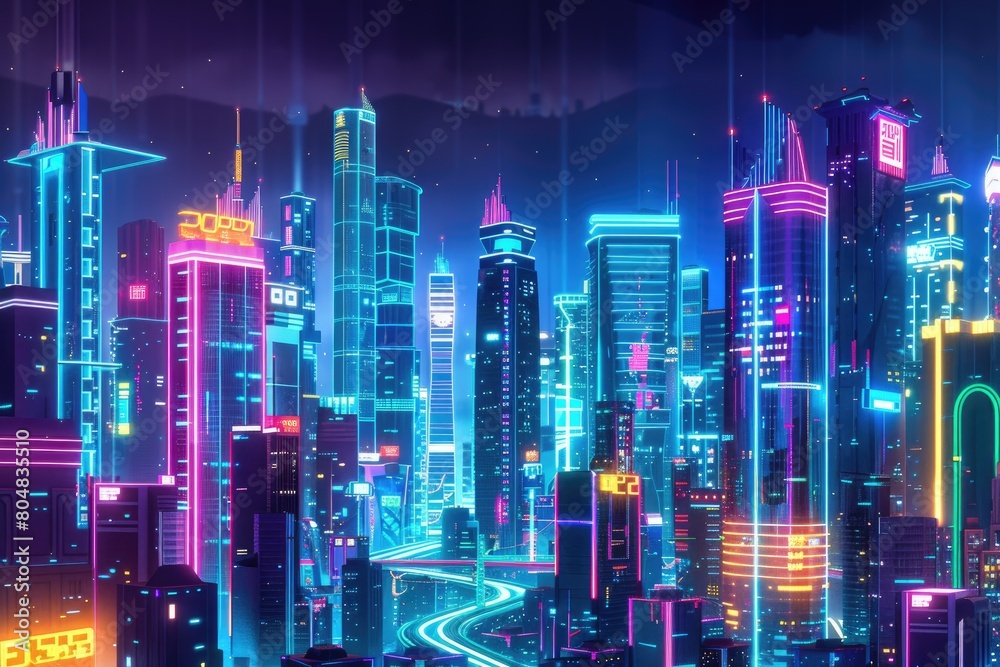 Night city with glowing skyscrapers and neon lights. Night city with glowing skyscrapers and neon lights.