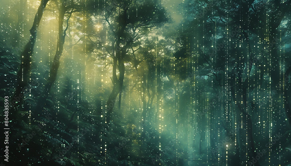 Data lines streaming through a cybernetic forest of technology