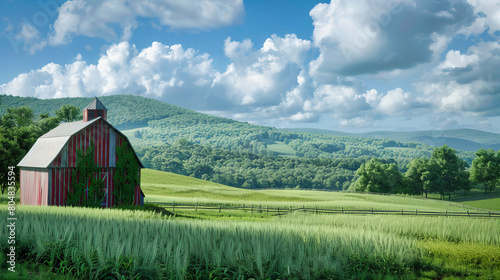 Scenic Summer Countryside, Green Fields and Distant Hills Under a Cloudy Blue Sky