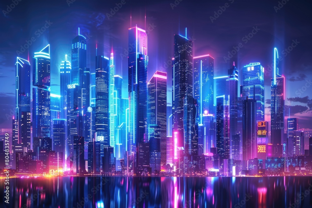Night city with glowing skyscrapers and neon lights.