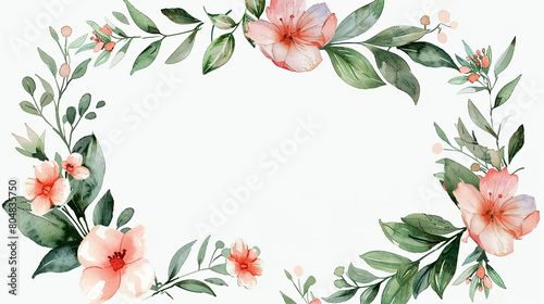 watercolor Blank white spec on beautiful floral wreath wedding invitation card template. photo