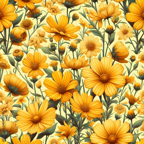 seamless background with yellow flowers nature, yellow, orange, garden,Ai generated  © Quranmeri
