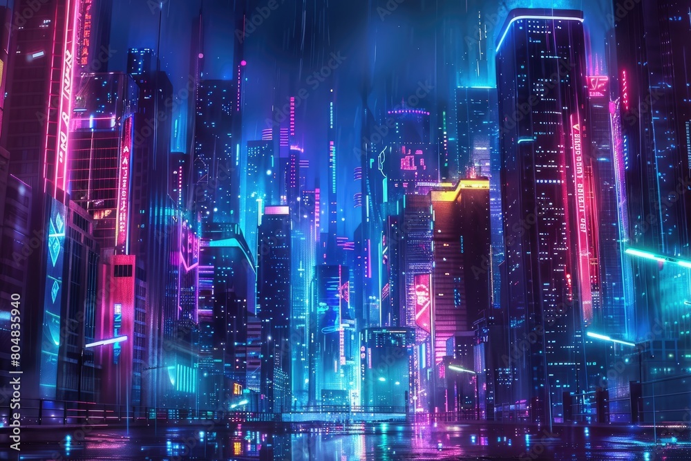 Night city with glowing skyscrapers and neon lights.