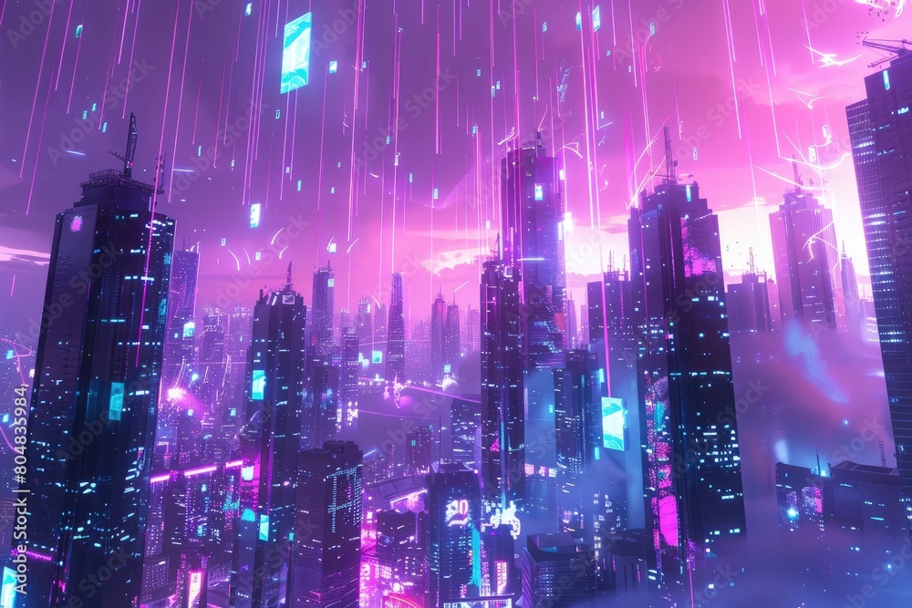 Abstract 3d rendering of futuristic city with glowing neon lights. Futuristic cityscape.