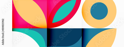Vibrant geometric pattern with circles and squares in Colorfulness, Azure, Orange, Aqua, Magenta, Tints and shades, Electric blue on a white background. A modern textile design that embodies artistry