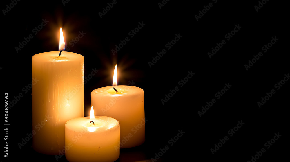 Burning candles on floor in darkness with space for text, on black background