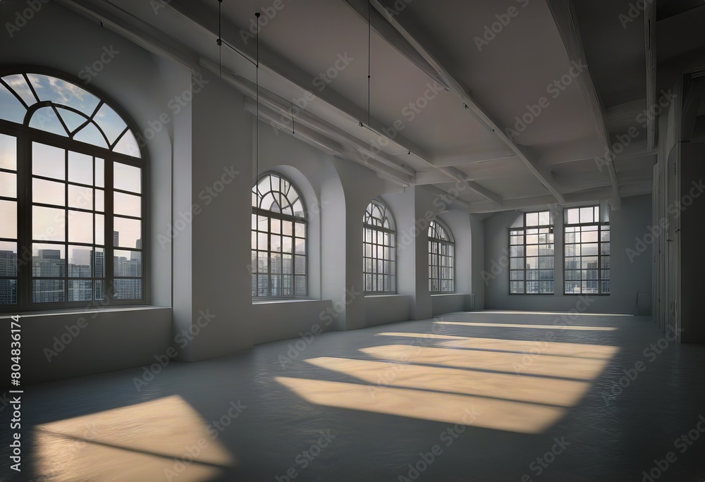 interior big 3d windows white loft Empty render