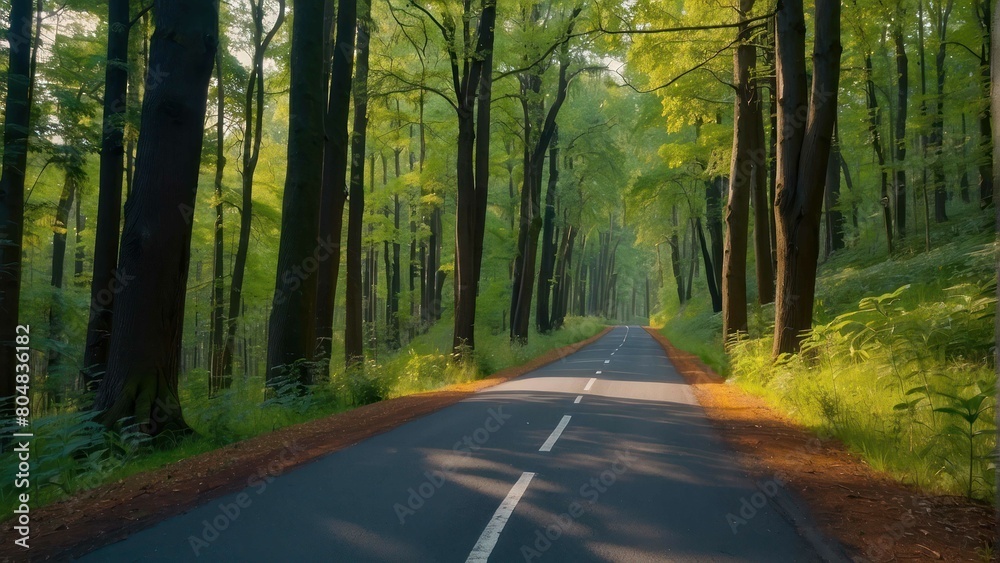 Naklejka premium Empty road through a tranquil green forest with fog