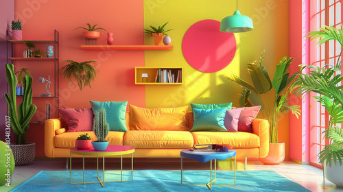 Step into a vibrant 3D living room  where bright colors play harmoniously with paper-cut decorative elements. Let AI craft this imaginative interior into a realistic image captured by an HD camera.