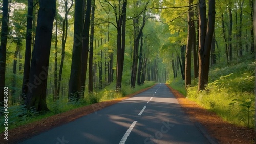 Empty road through a tranquil green forest with fog