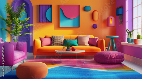 Step into a vibrant 3D living room  where bright colors play harmoniously with paper-cut decorative elements. Let AI craft this imaginative interior into a realistic image captured by an HD camera.