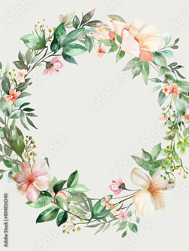 watercolor Blank white spec on beautiful floral wreath wedding invitation card template. © Papisut