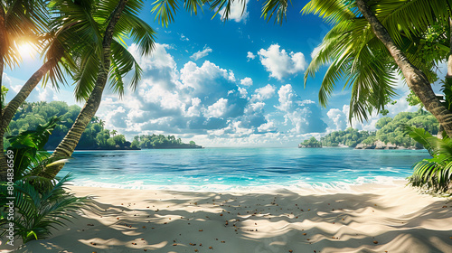 Secluded Beach in Seychelles with Lush Palm Trees, Clear Blue Waters, Peaceful Holiday Destination