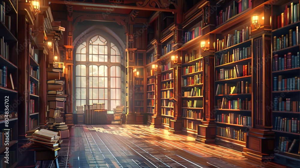 Fototapeta premium Beautiful Ancient Books Adorn the Library Carefully Arranged with Classics and Rare Gems