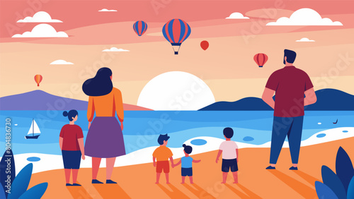 Families gathered on a beach enjoying a beautiful sunset while watching hot air balloons with flags flying high above the ocean symbolizing the. Vector illustration