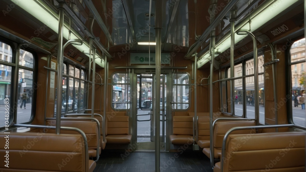 Empty modern tram interior with yellow seats and panoramic windows Empty modern tram interior with yellow seats and panoramic windows