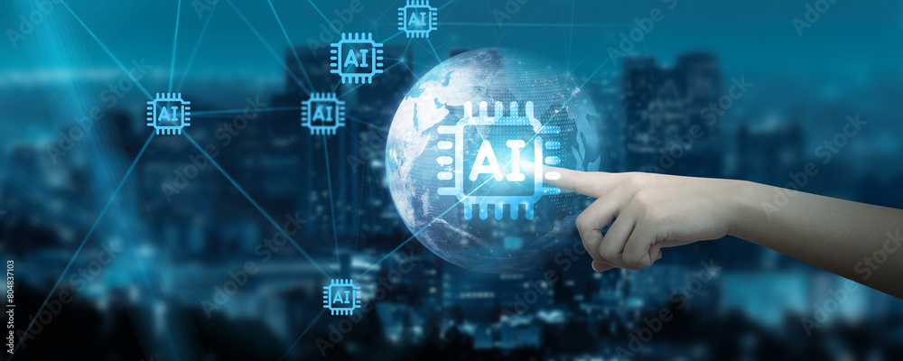 Naklejka premium Hand Touching global network connection on AI, machine learning, data analytics, cloud computing, blockchain, and quantum computing, technology and futuristic innovation merge seamlessly.