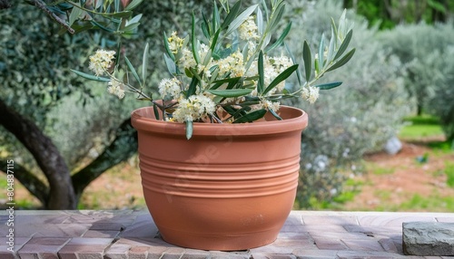 A sturdy terracotta colored pot containing a flowering olive tree with lush green leaves. Outdoor garden.