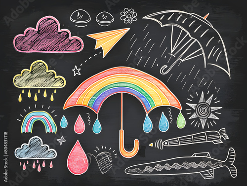 Hand drawn illustration of autumn and colored on a blackboard. Set of autumn weather symbols including clouds with rain drops, umbrella, rainbow, leaves and sun.