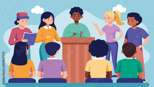 A panel discussion led by teenagers with an engaged audience of their peers focused on creating a more inclusive and equal society.. Vector illustration