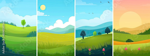 Vector illustration Abstract background set Minimalist style Flat concept wallpapers Landscape collection Green meadow