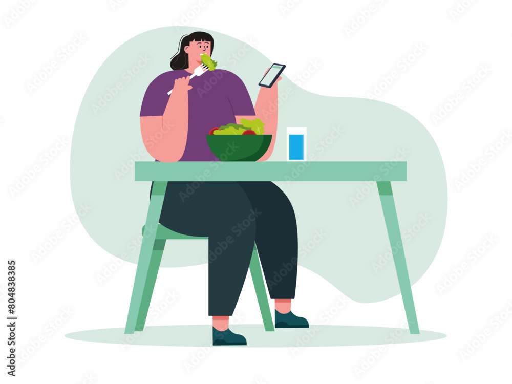 Woman eating green vegetables. Diet vector illustration