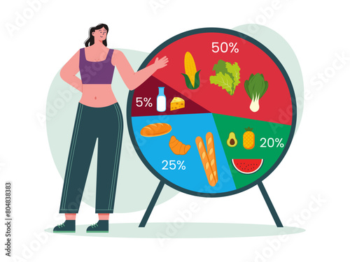 Fit woman showing balanced diet. Diet vector illustration