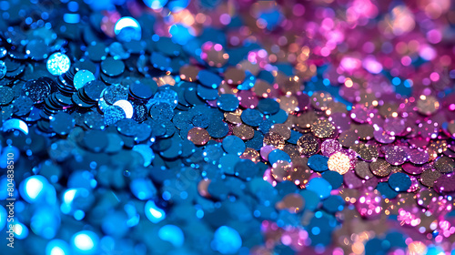 close up of Sequins macro Abstract background with blue sequins and lilac color.