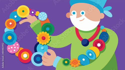 Using discarded buttons and beads an artisan creates whimsical and colorful bracelets that give new life to forgotten materials.. Vector illustration