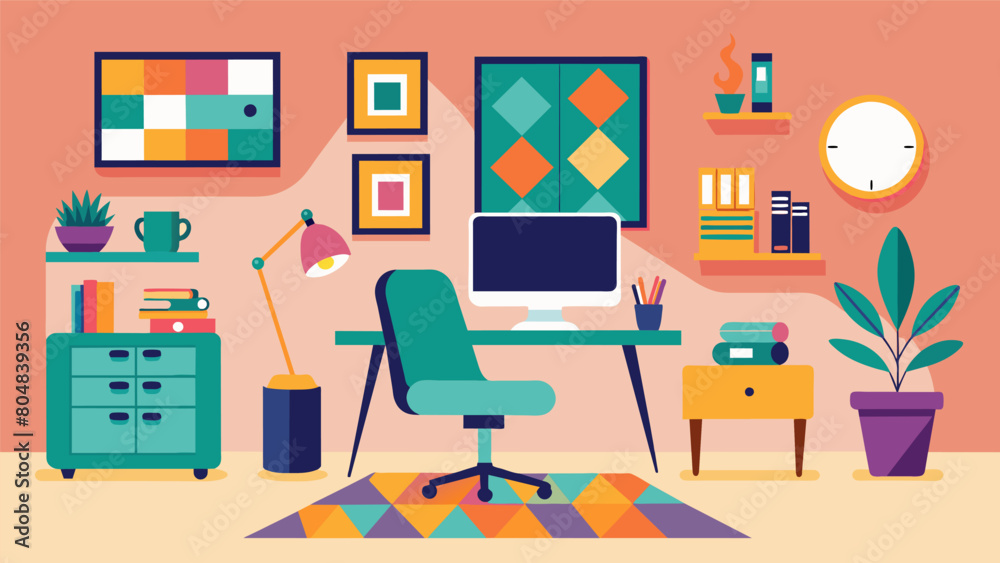 A quirky and colorful home office decorated with thrifted posters a thrifted funky chair and a secondhand geometric print rug.. Vector illustration