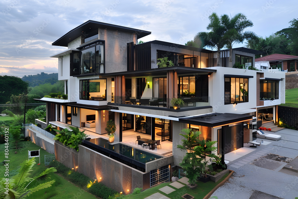 Modern contemporary illuminated house design exterior. Luxurious new construction home with panoramic windows, pool, patio Modern contemporary illuminated house design exterior. Luxurious new construction home with panoramic windows, pool, patio