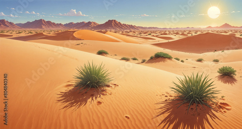 Vast Desert  Endless dunes  scorching sun  and minimal vegetation Landscape