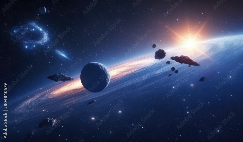 Naklejka premium galaxy space with rockets or ufo, spaceship and space, space station in space, shuttle and space, spaceship and earth, spaceship and planet, satellite in space