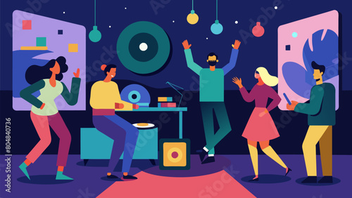 As the night progresses the room becomes livelier and the record party turns into a dance party with guests grooving to the tunes of their favorite. Vector illustration