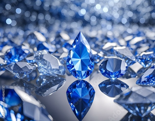 Group of Blue diamond sapphire placed on glossy background main object focus 3d rendering