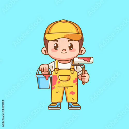 Cute painter service hold bucket and roller kawaii chibi character mascot illustration outline style design